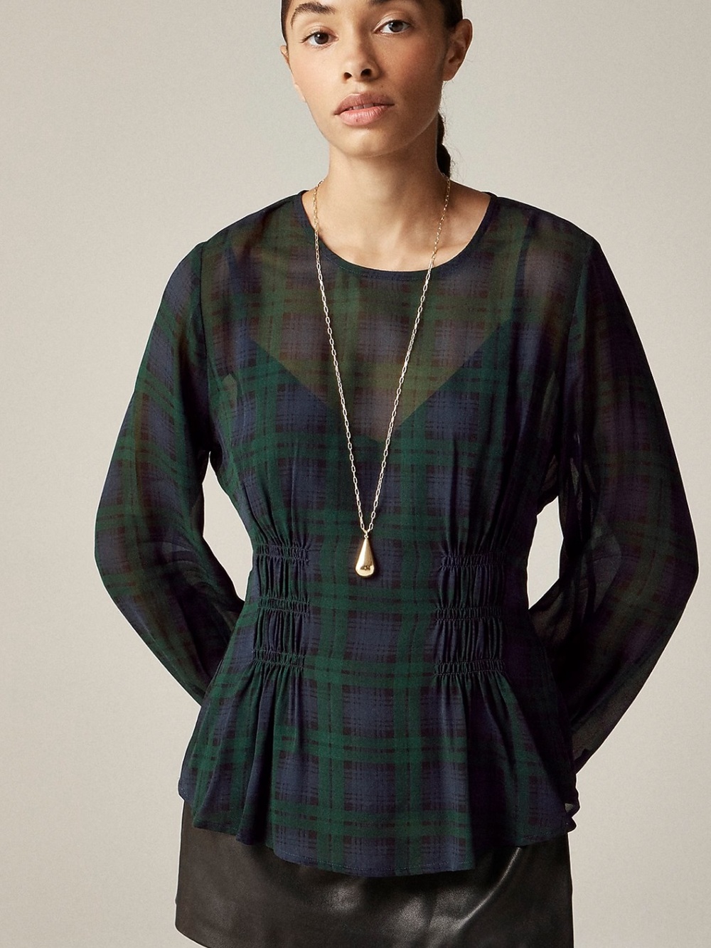 NWT J. Crew Chiffon Shirred-waist Top in Black Watch Tartan